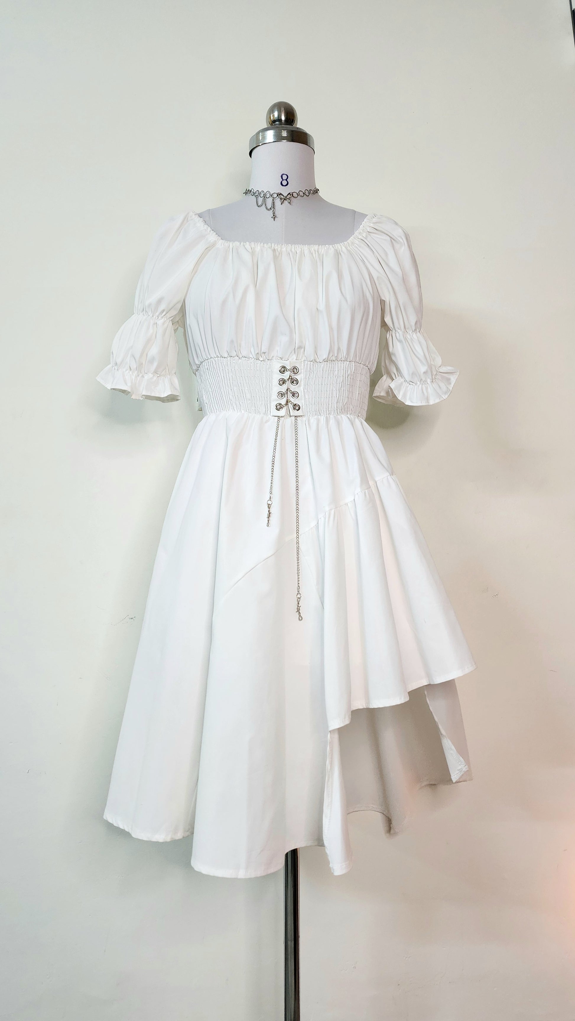 White Puff Sleeve Square Neck Mini Dress with Corset Waist