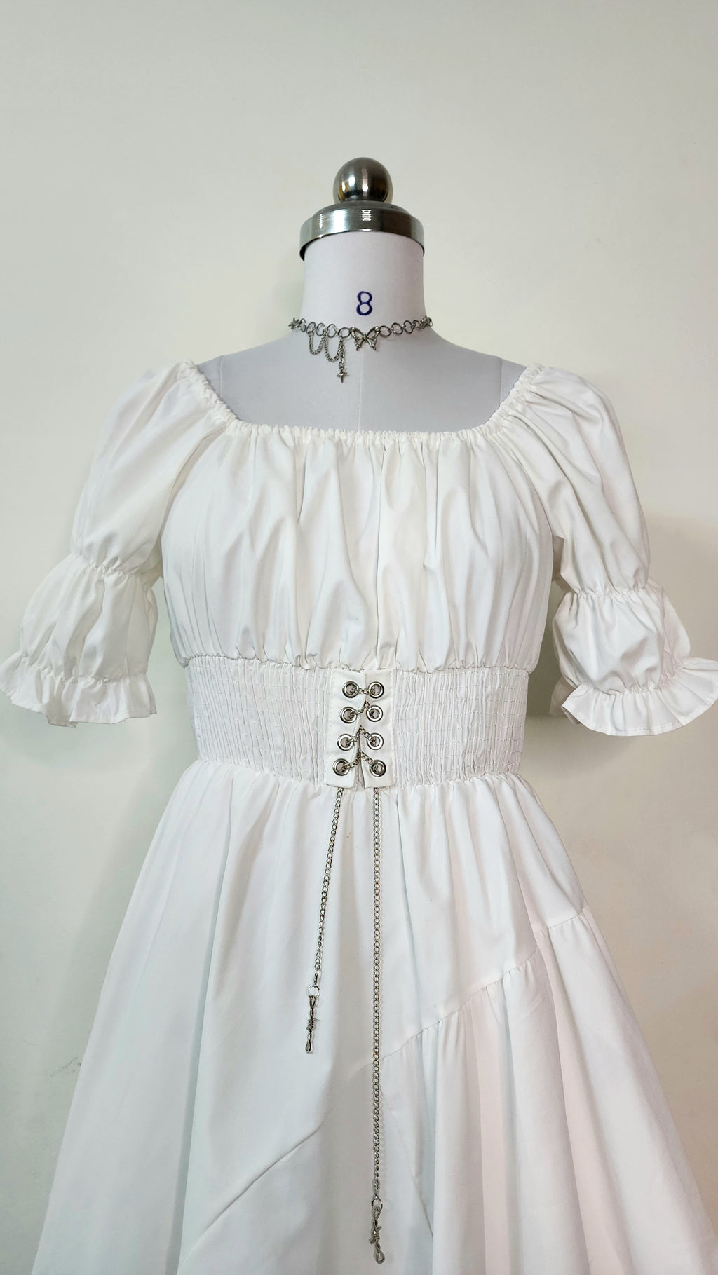 White Puff Sleeve Square Neck Mini Dress with Corset Waist