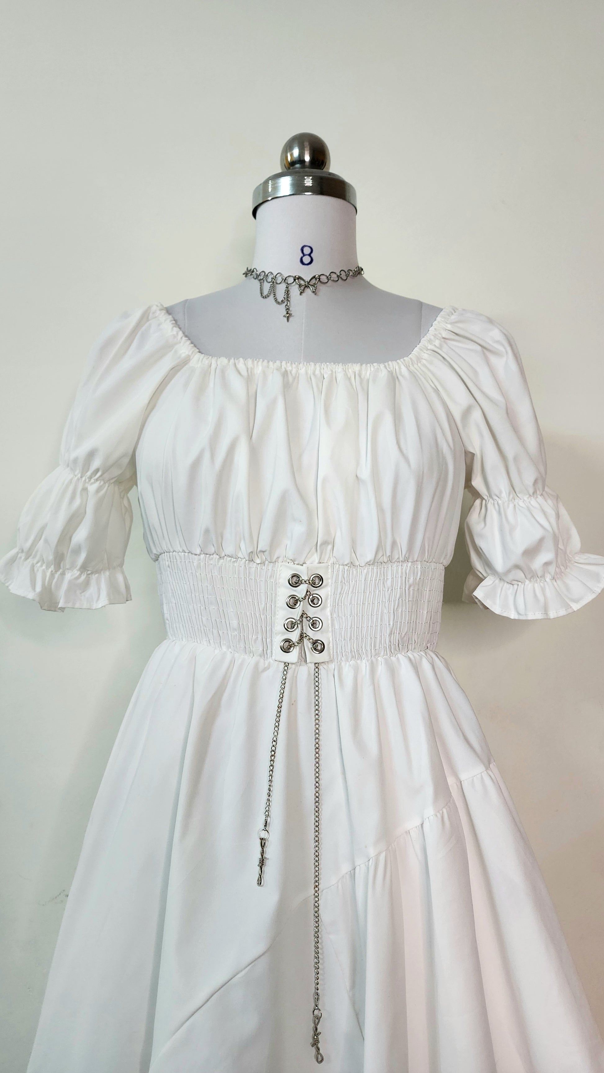 White Puff Sleeve Square Neck Mini Dress with Corset Waist