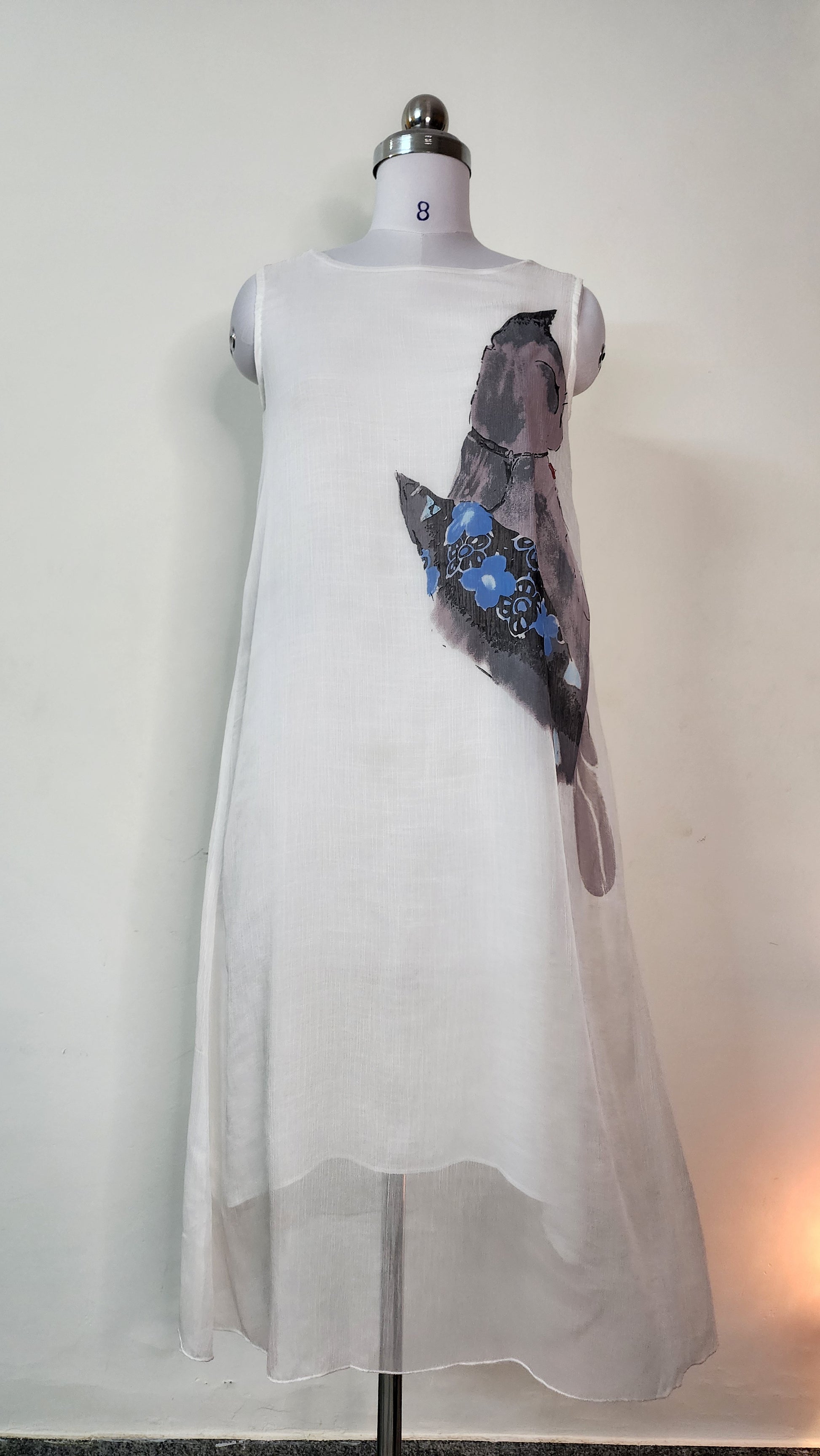 White Sleeveless Midi Dress - Artistic Cat Print