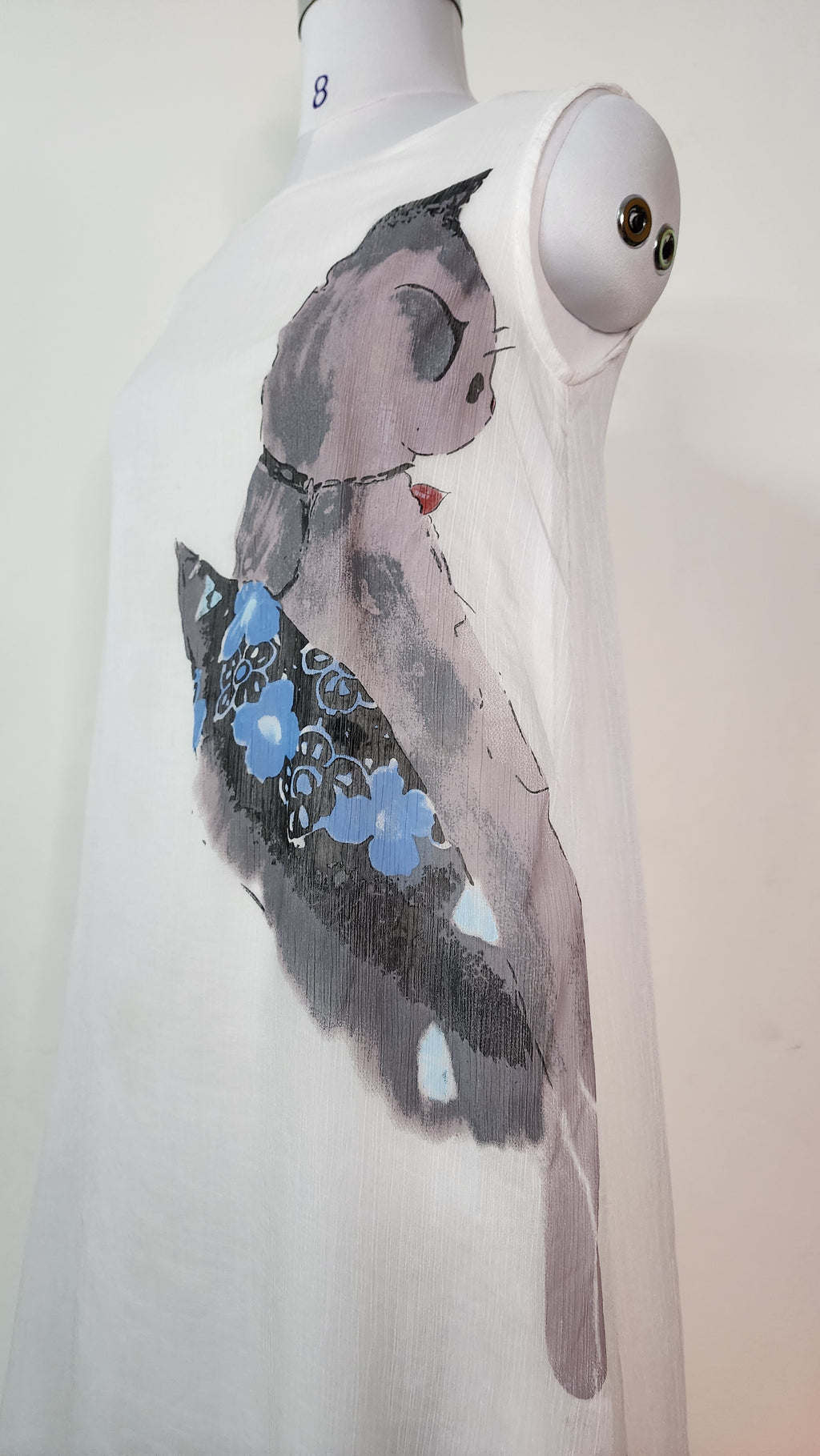 White Sleeveless Midi Dress - Artistic Cat Print
