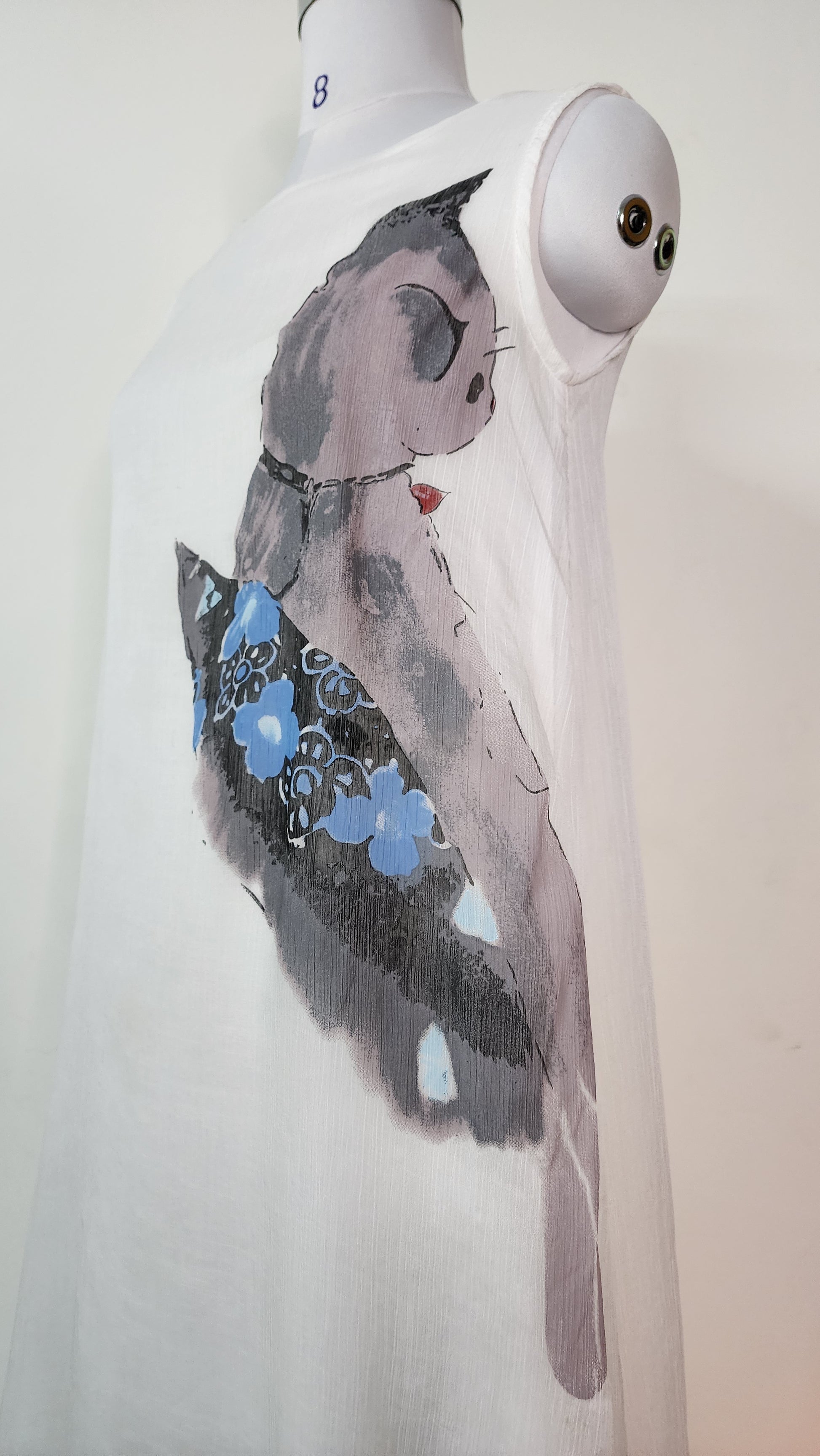 White Sleeveless Midi Dress - Artistic Cat Print