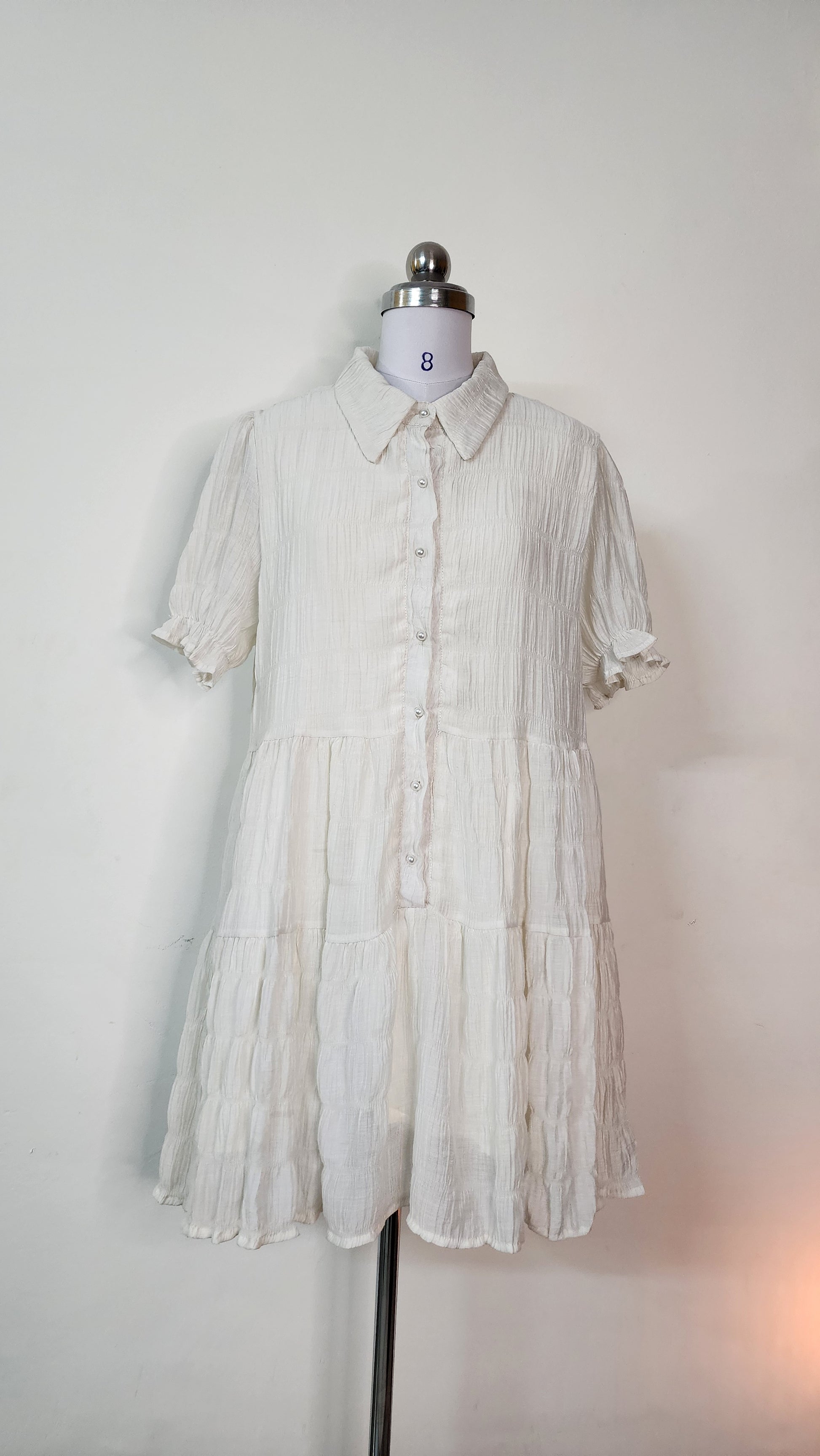 White Textured Tiered Mini Dress - Short Sleeve Collared Button Front