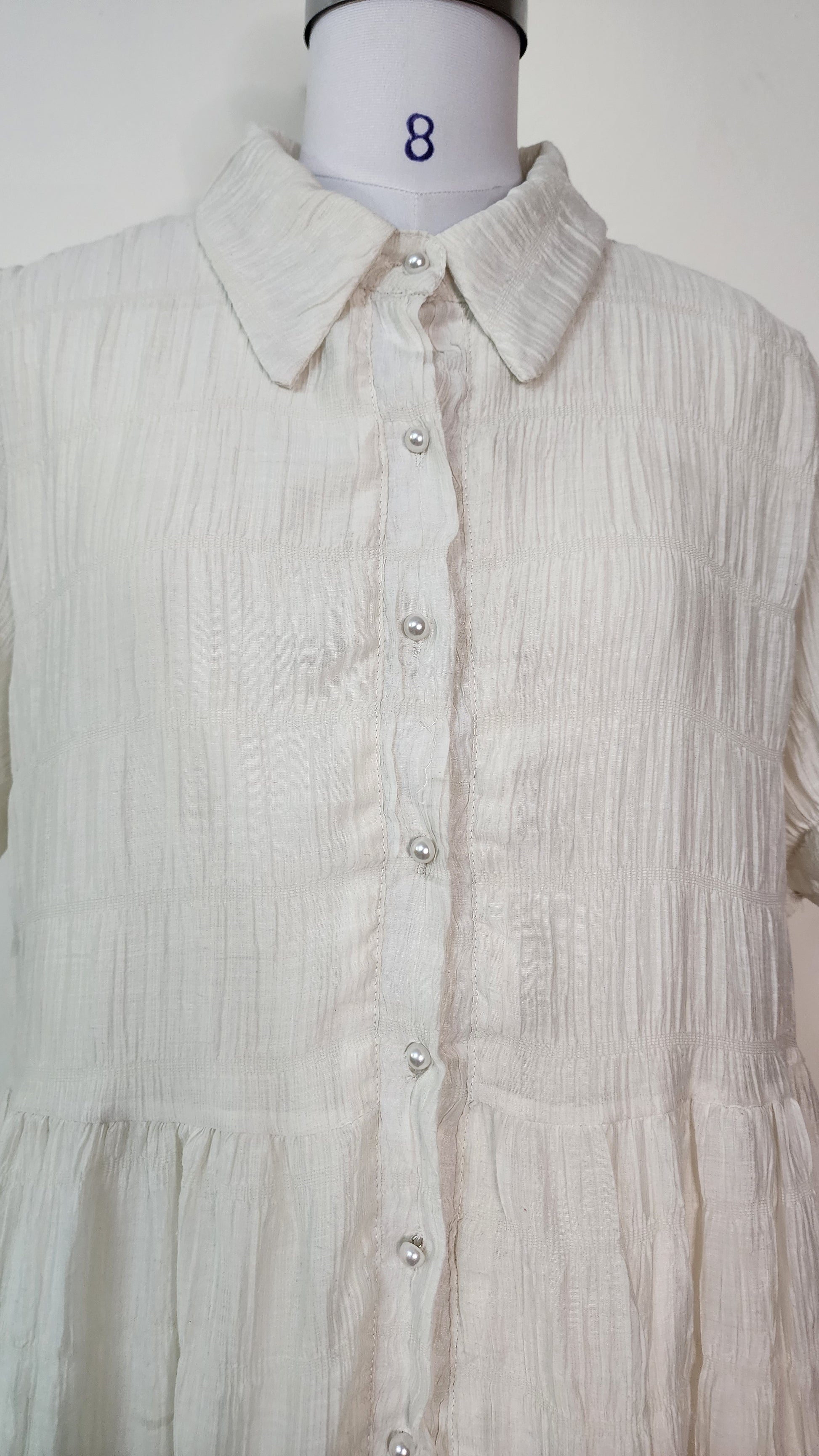 White Textured Tiered Mini Dress - Short Sleeve Collared Button Front