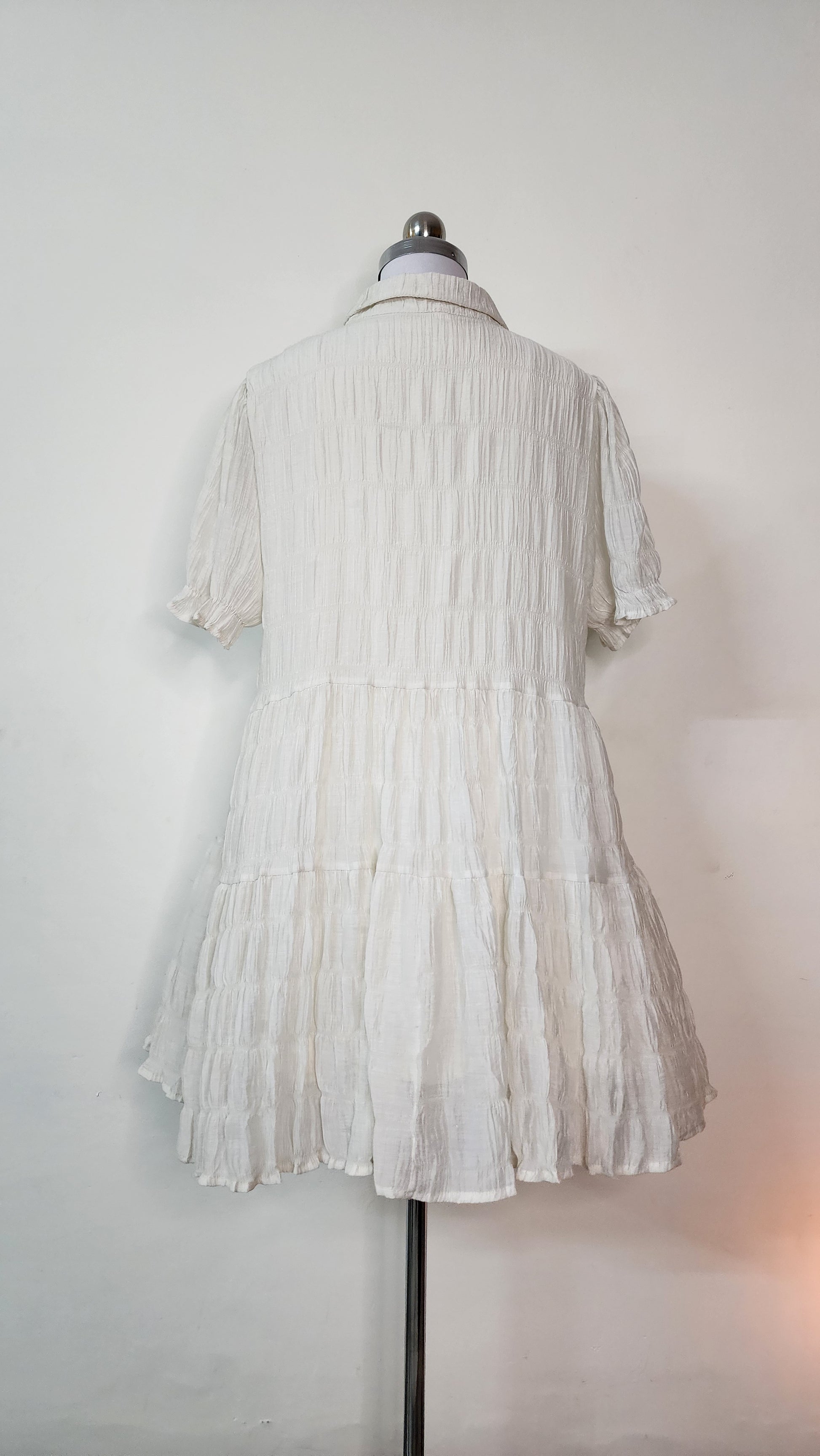 White Textured Tiered Mini Dress - Short Sleeve Collared Button Front
