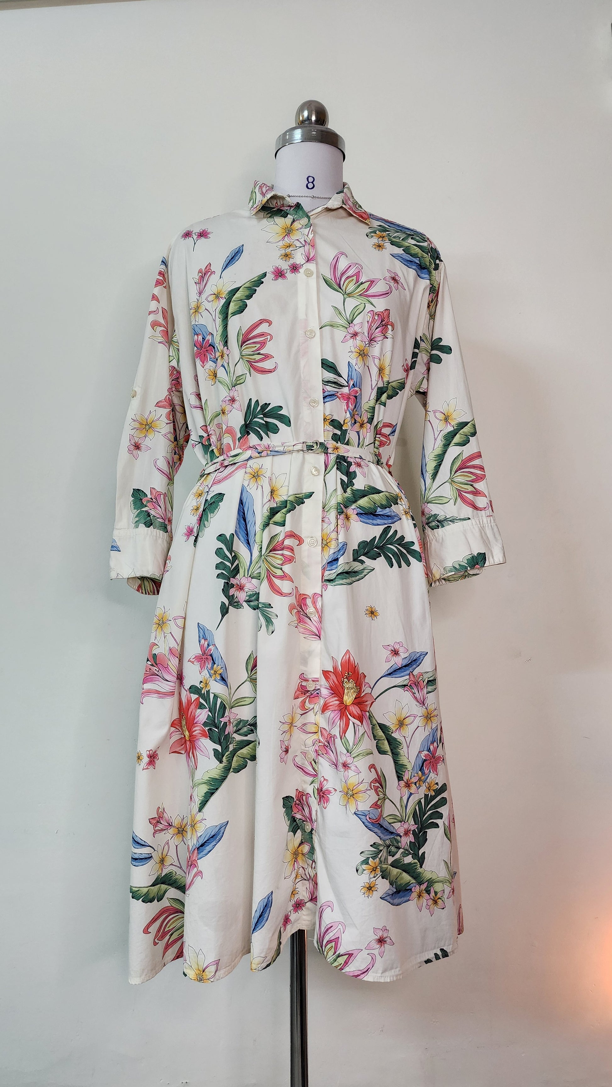 ZARA White Floral Print Button-Front Midi Dress with Tie Waist