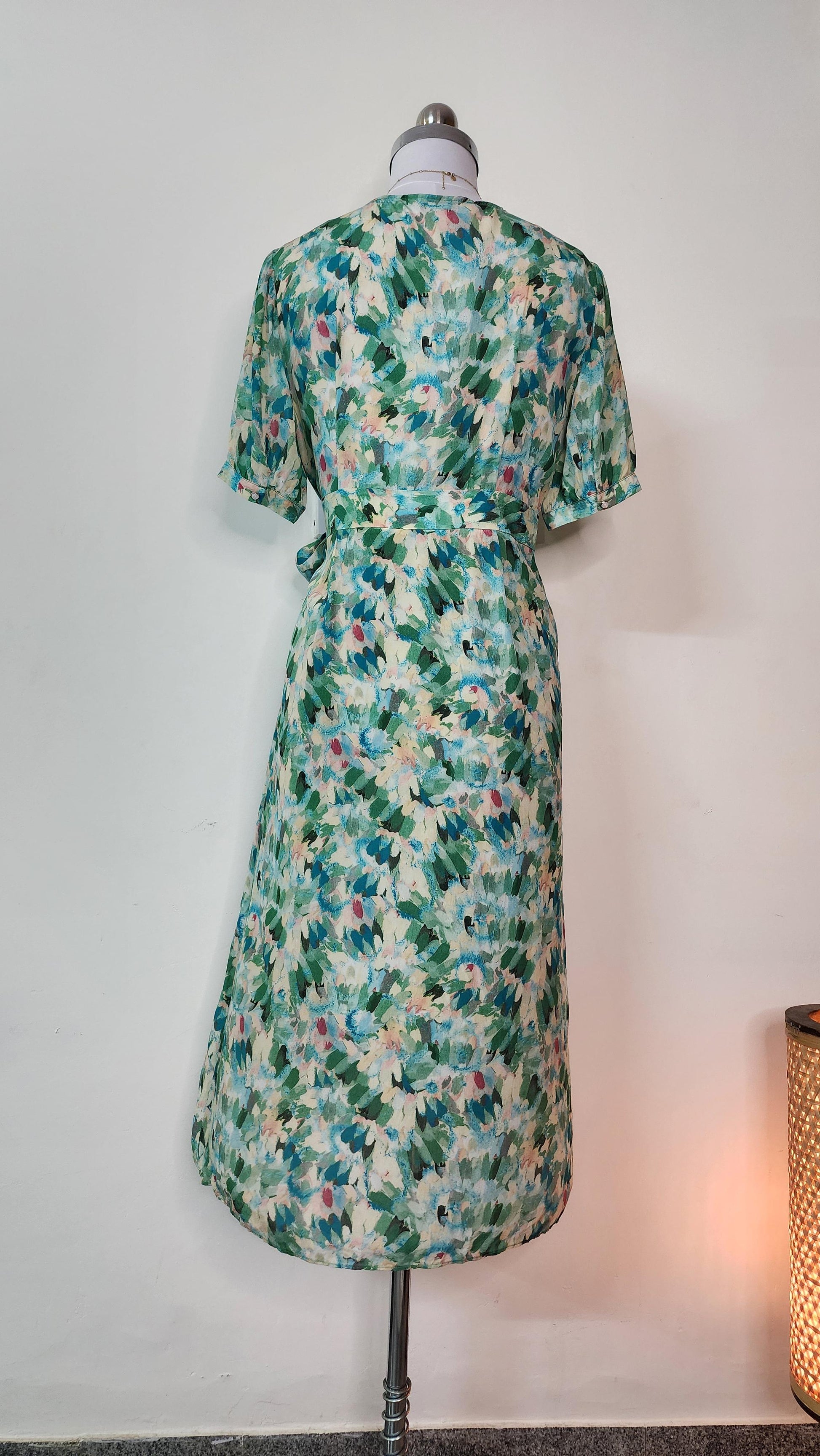 Impressionist Floral Wrap Dress - Short Sleeve V-Neck Midi Dress with Tie Belt