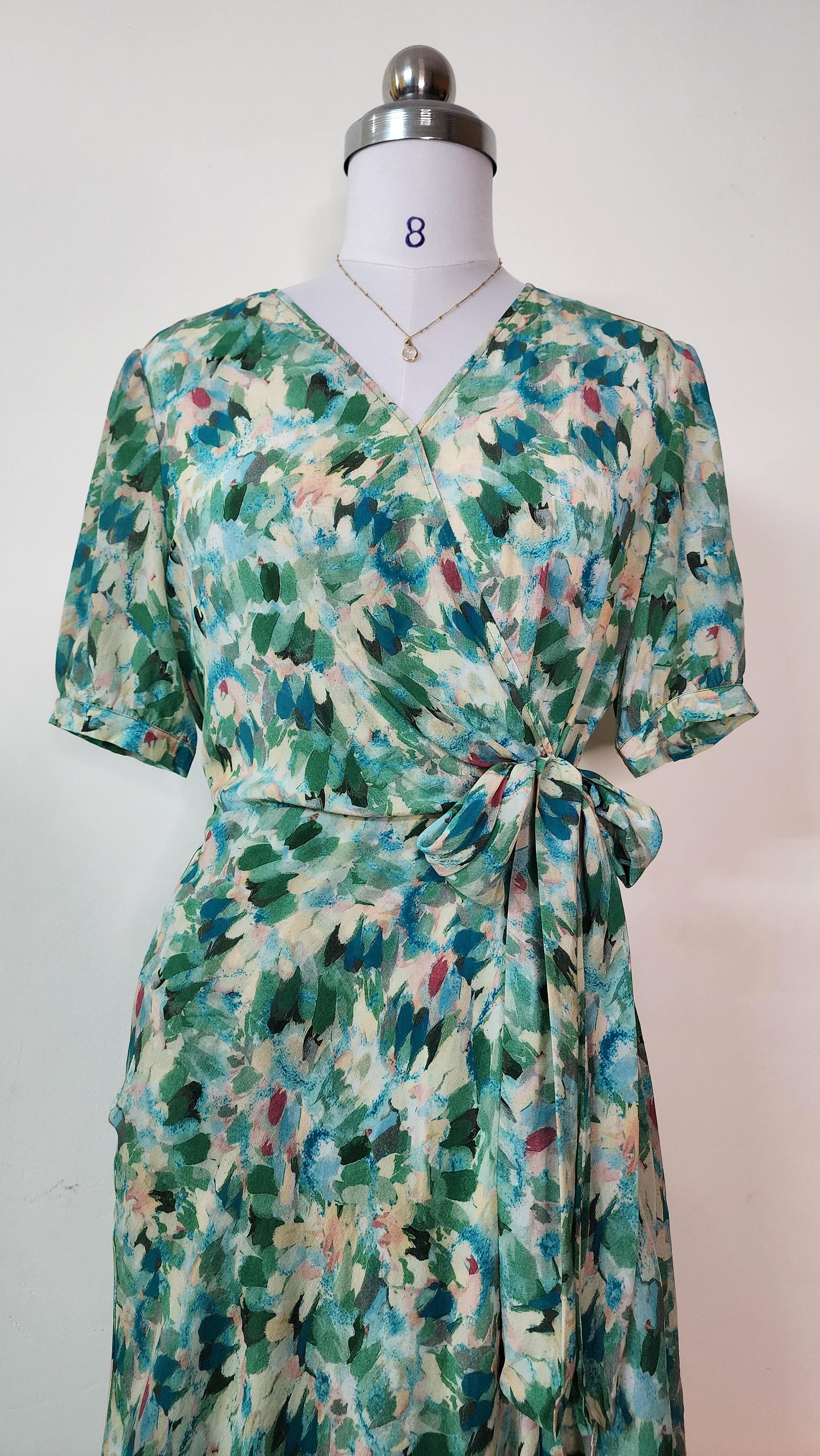 Impressionist Floral Wrap Dress - Short Sleeve V-Neck Midi Dress with Tie Belt