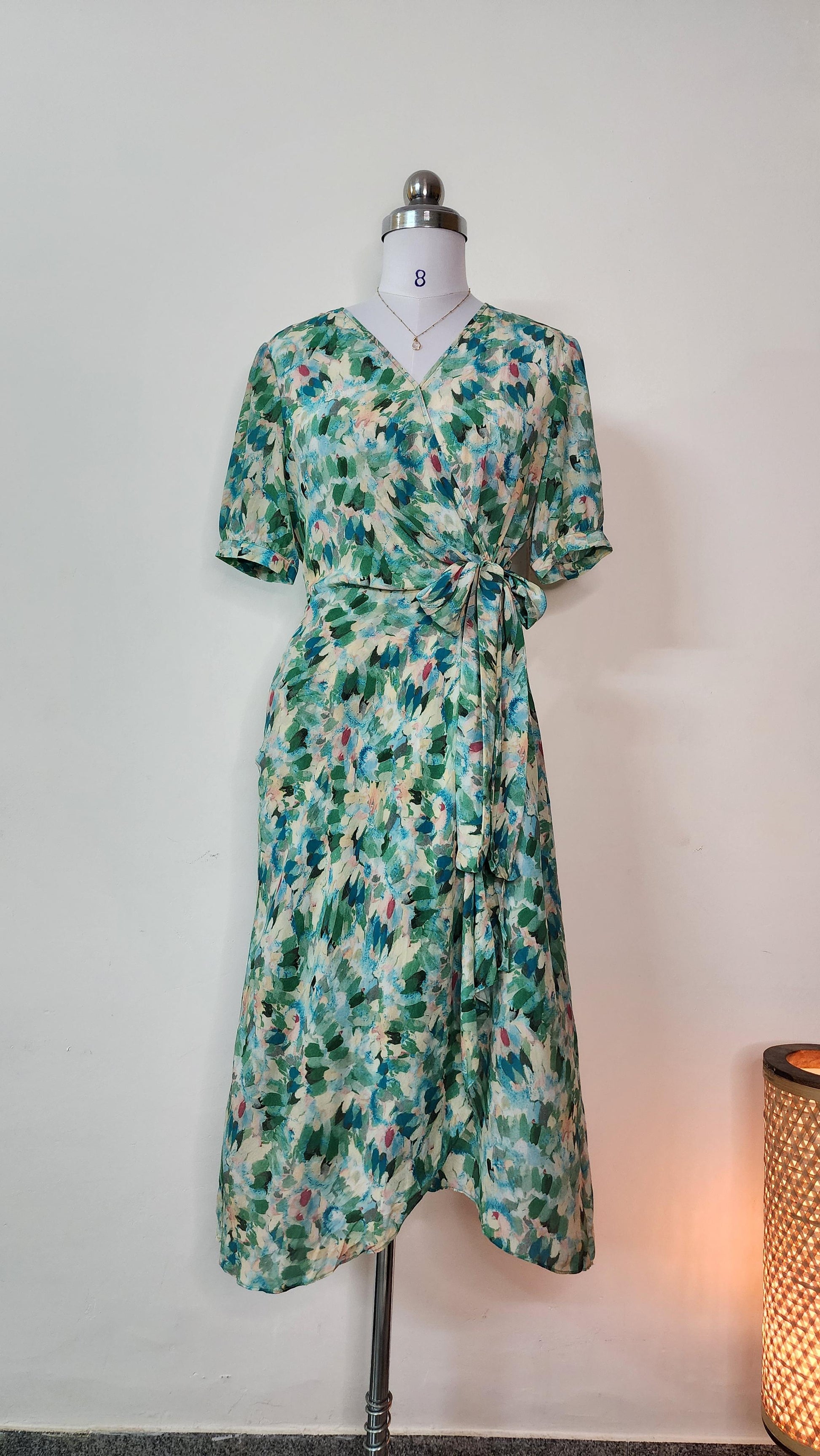 Impressionist Floral Wrap Dress - Short Sleeve V-Neck Midi Dress with Tie Belt